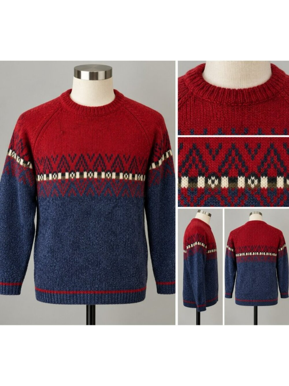 Vintage Structure Sweater Mens XL Blue Red Fair Isle Cable Knit Shetland Wool